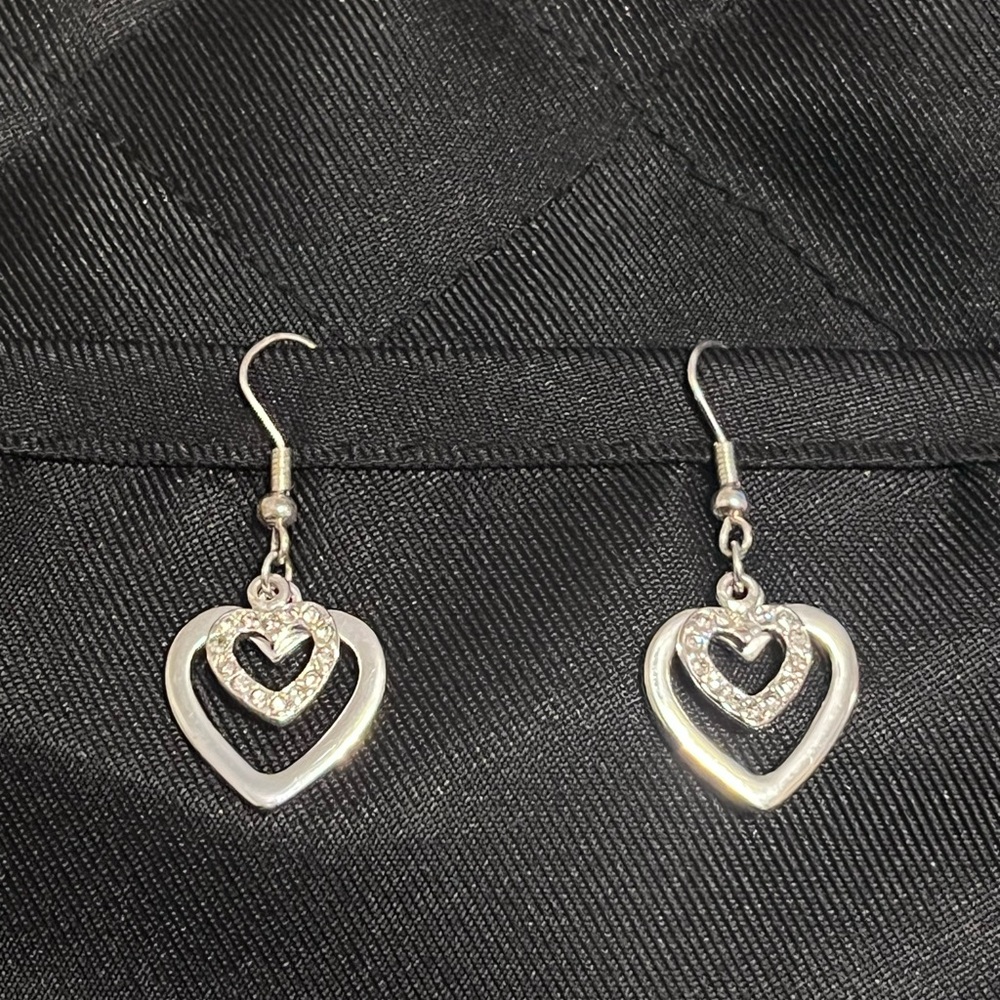 Silver Heart Drop Earrings